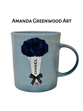 Amanda Greenwood Art Chanel Blue Floral Ceramic Mug Chic Coffee Cup Home NWT